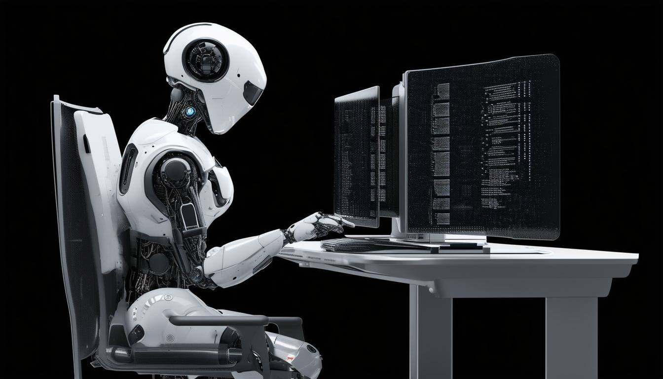 robot that performs maintenance of office computer colors black, grey and whit on a black background
